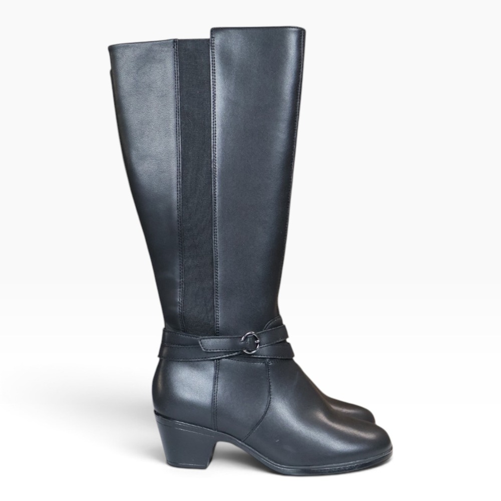 Black Leather Knee High Boots Buckle Strap Side Zip Clarks Emily2 Dream Wide 7W